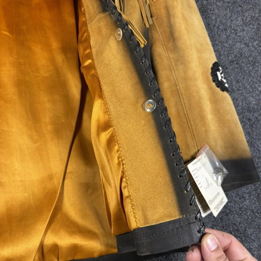 3B West Leather Fringe Jacket Womens L Tan Black Indian Eagle Western NWT - Picture 8 of 9